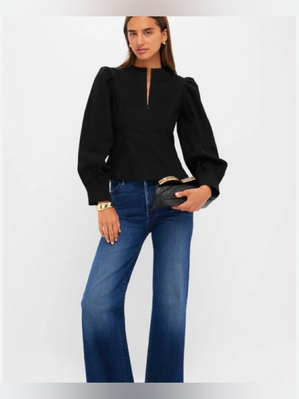 Tuckernuck Hyacinth House Black Denim Front Zip Puff-Sleeve Anderson Blouse X/XL - Picture 2 of 12